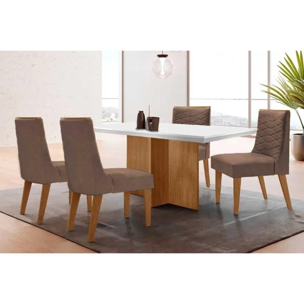 Conjunto: Mesa Sala Jantar Berlim Tampo c/ Vidro Curvo 90cm+4 Cadeiras Maldivas Madeira Naturale/Off White - Capuccino/Corano Capuccino - Rufato