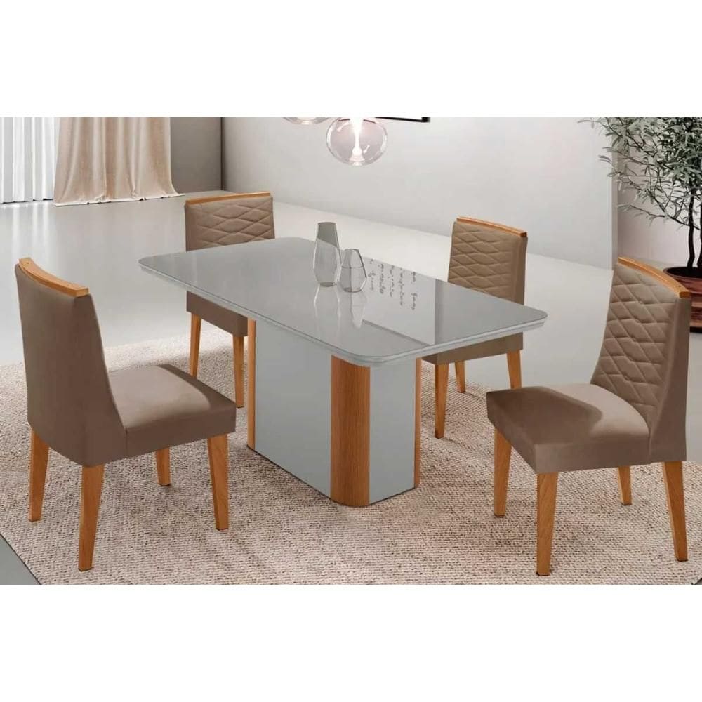 Conjunto: Mesa de Cozinha Pietá Tampo c/ Vidro Curvo 120cm+4 Cadeiras Maldivas Naturale/Off White - Suede Capuccino - Rufato