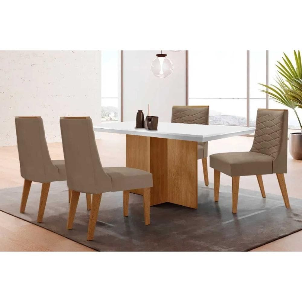 Conjunto: Mesa Sala Jantar Berlim Tampo c/ Vidro Curvo 90cm+4 Cadeiras Maldivas Madeira Naturale/Off White - Capuccino/Suede Capuccino - Rufato