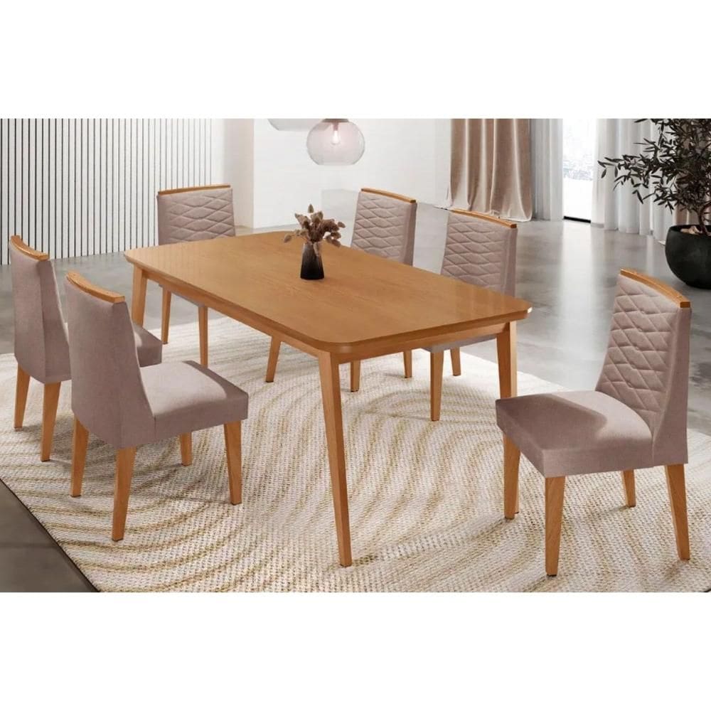 Conjunto: Mesa Sala Jantar Havana Tampo Curvo 180cm+6 Cadeiras Maldivas Madeira Naturale - Capuccino/Linho Capuccino - Rufato