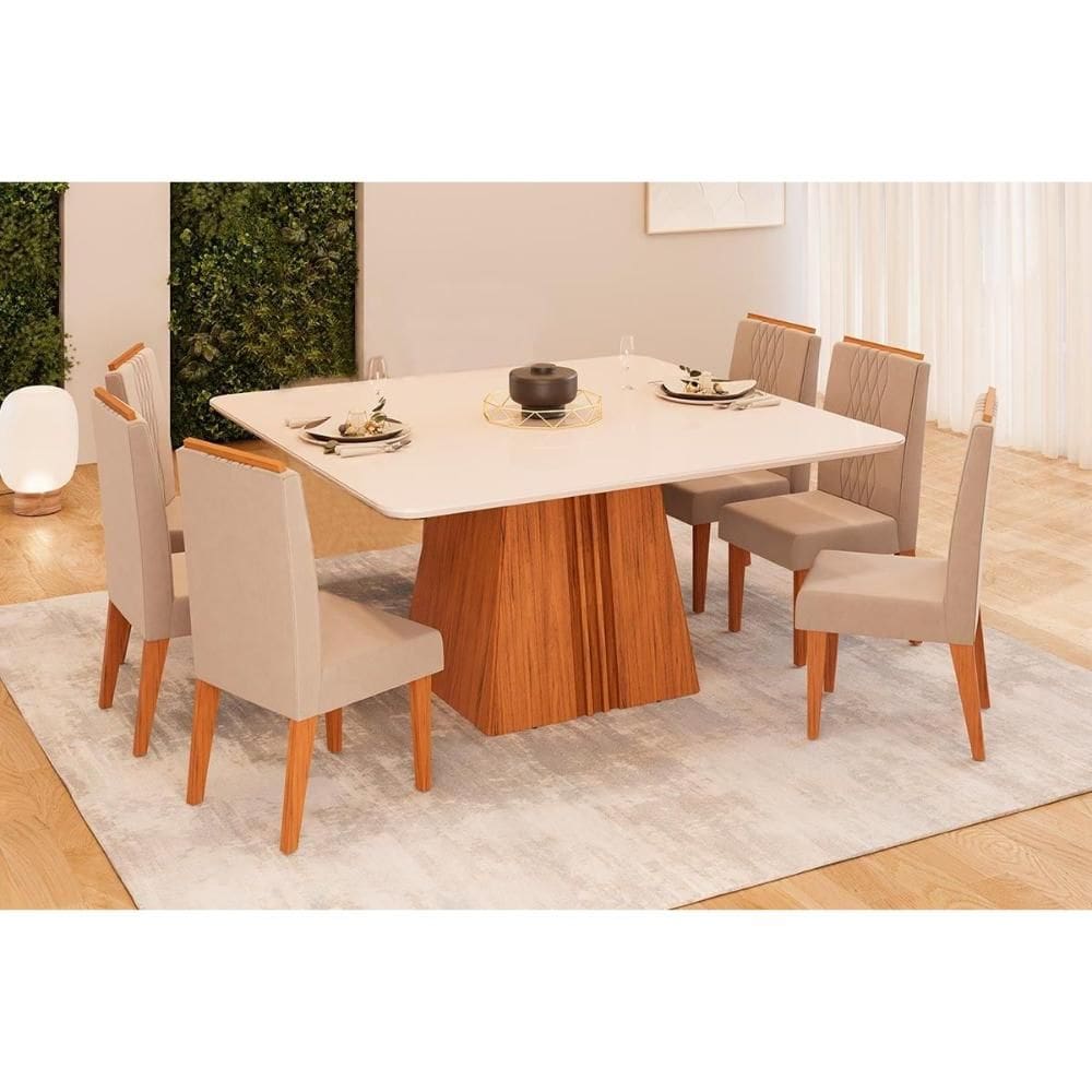 Conjunto: Mesa de Cozinha Itália c/ Tampo Madeirado c/ Vidro Curvo 136x136cm e 6 Cadeiras Lia Freijo/Off White - Suede Kraft - DJ Móveis