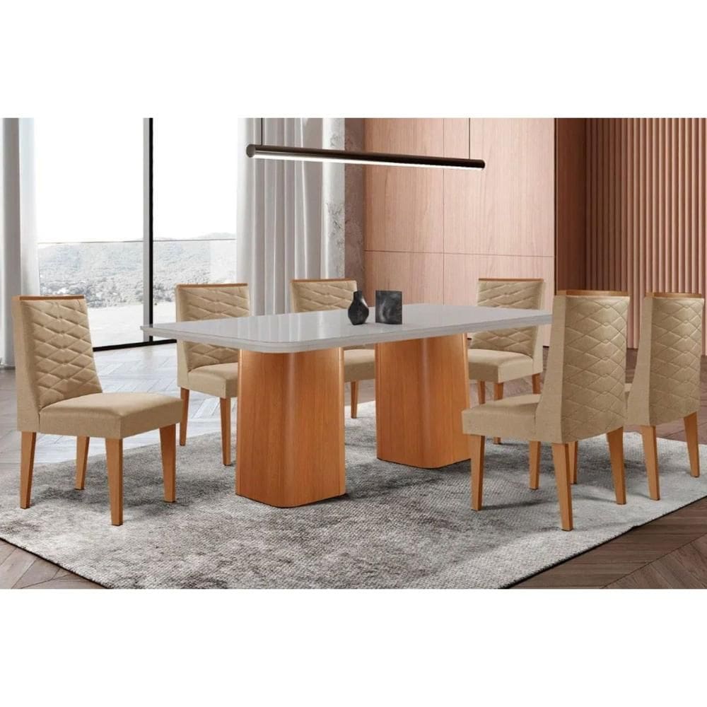 Conjunto: Mesa Sala Jantar Maldivas Tampo c/ Vidro Curvo 180cm+6 Cadeiras Dafne Madeira Naturale/Off White - Capuccino/Linho Bege - Rufato