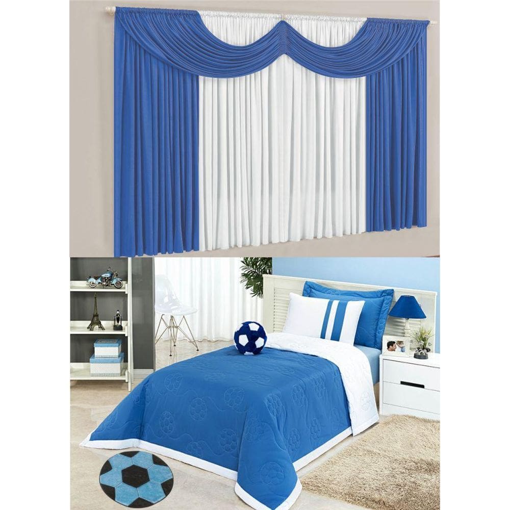 Kit Sports Quarto Menino 6 Peças Cortina + Cobre Leito Azul