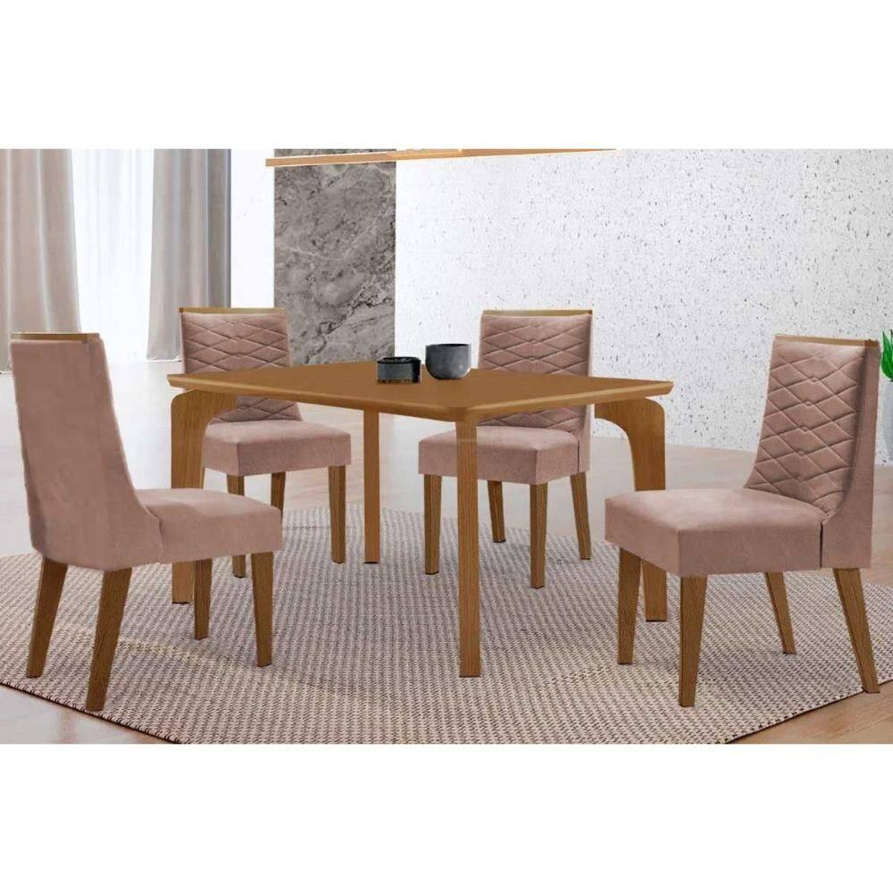 Conjunto: Mesa Sala Jantar Londrina Tampo Curvo 120cm+4 Cadeiras Maldivas Madeira Naturale - Capuccino/Linho Capuccino - Rufato