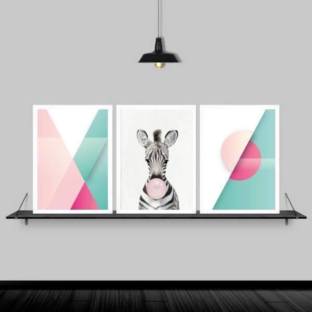 Kit 3 Quadros Abstratos Zebra Chiclete 33X24 Moldura Branca