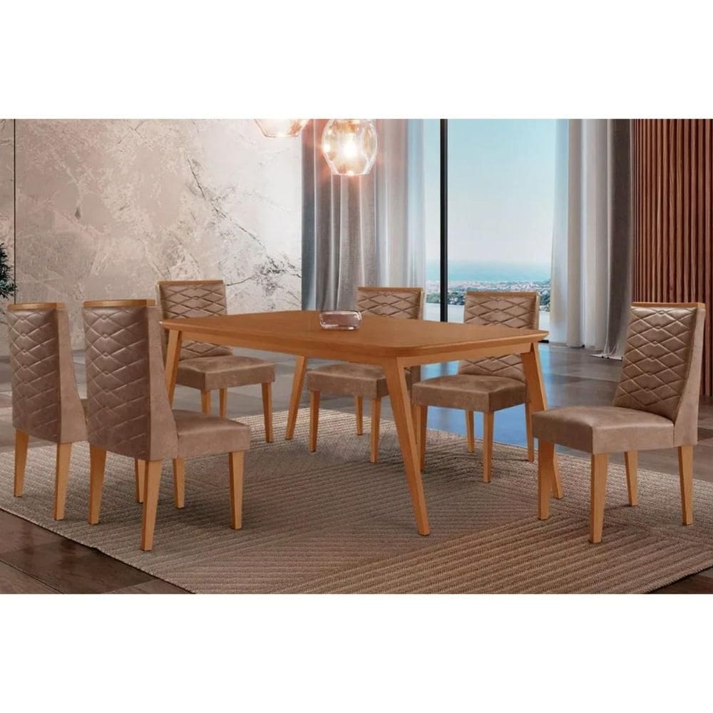 Conjunto: Mesa Sala Jantar Havana Tampo Curvo 180cm+6 Cadeiras Dafne Madeira Naturale - Capuccino/Corano Capuccino - Rufato