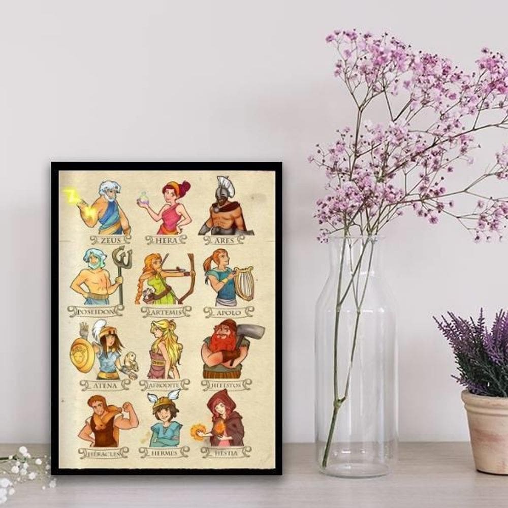 Quadro Decorativo Ilustração Deuses Gregos 45X34Cm Preta