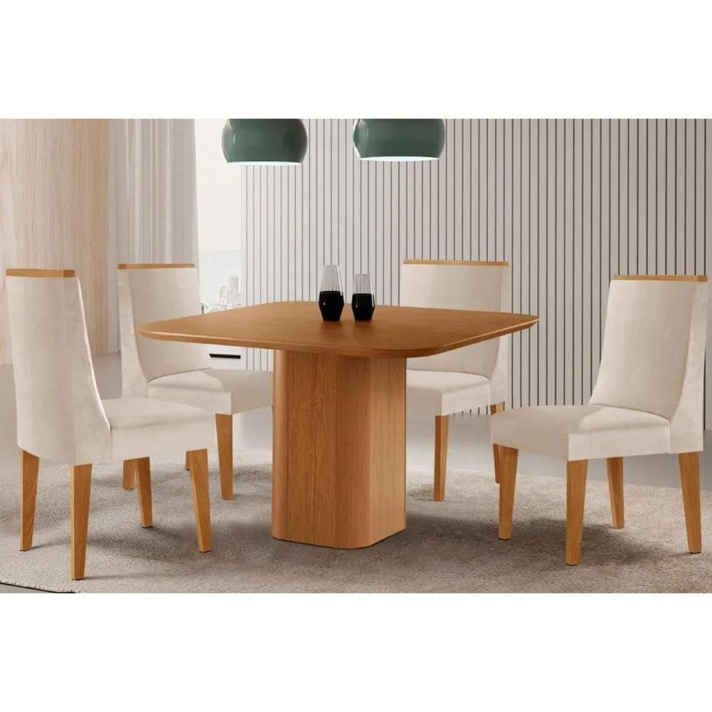 Conjunto: Mesa Sala Jantar Maldivas Tampo Curvo 90cm+4 Cadeiras Dakota Madeira Naturale - Capuccino/Suede Creme - Rufato