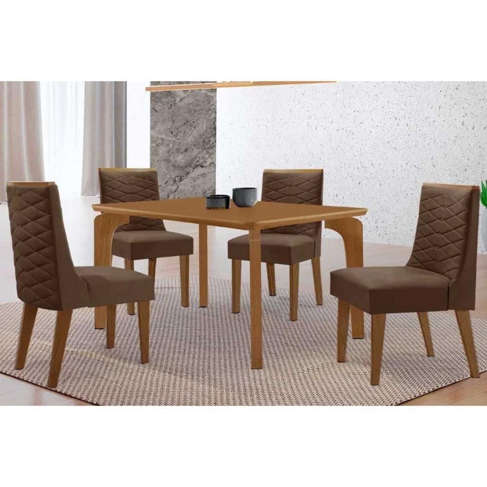Conjunto: Mesa Sala Jantar Londrina Tampo Curvo 120cm+4 Cadeiras Dafne Madeira Naturale - Capuccino/Suede Marrom - Rufato