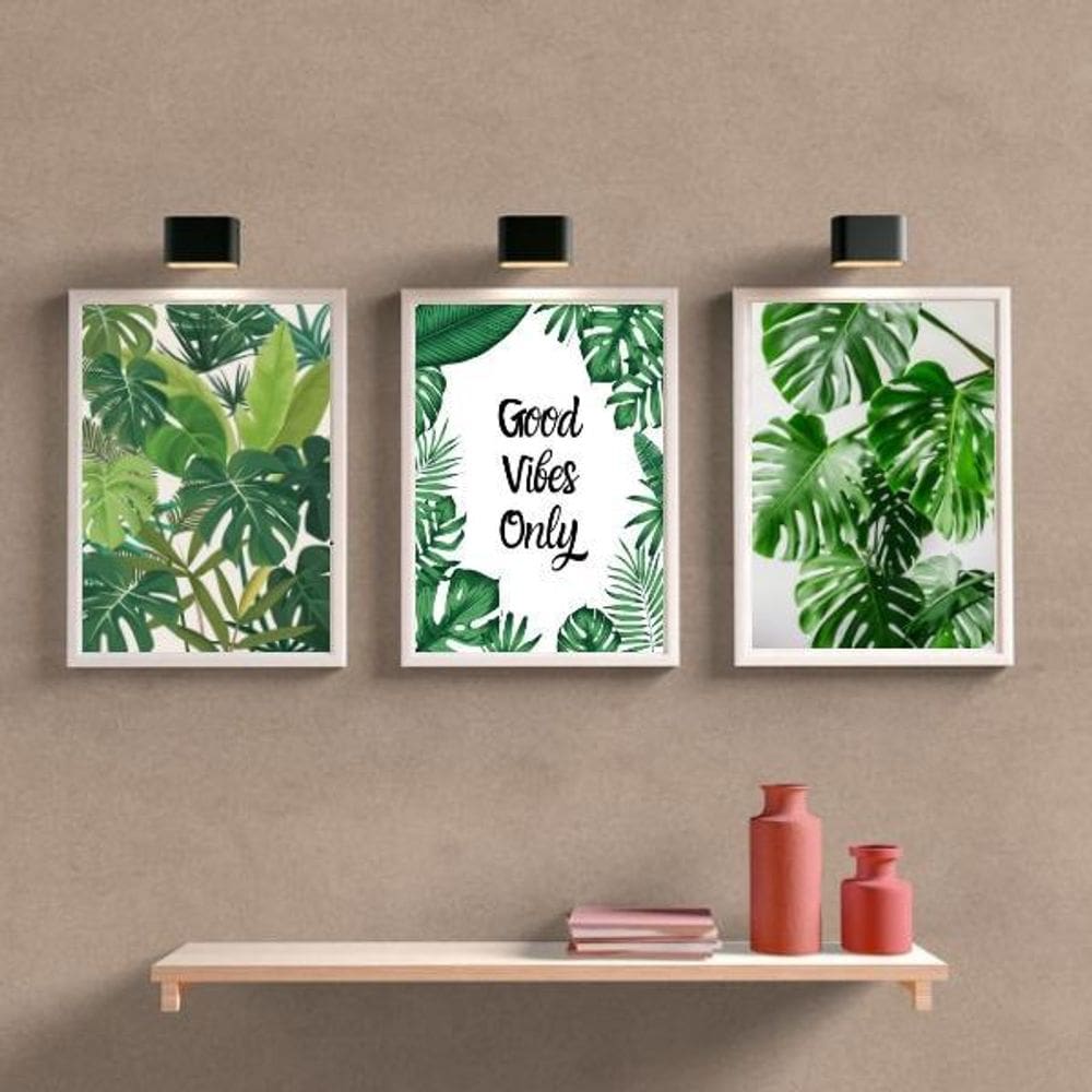 Kit 3 Quadros Folhagens Good Vibes Only 45x34cm - Com Vidro