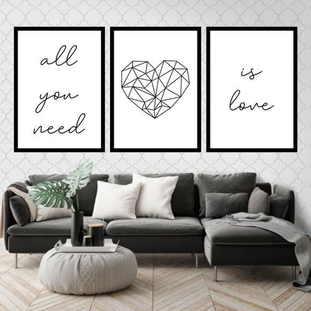 Kit 3 Quadros All You Need Is Love Coração 60X40Cm Preta