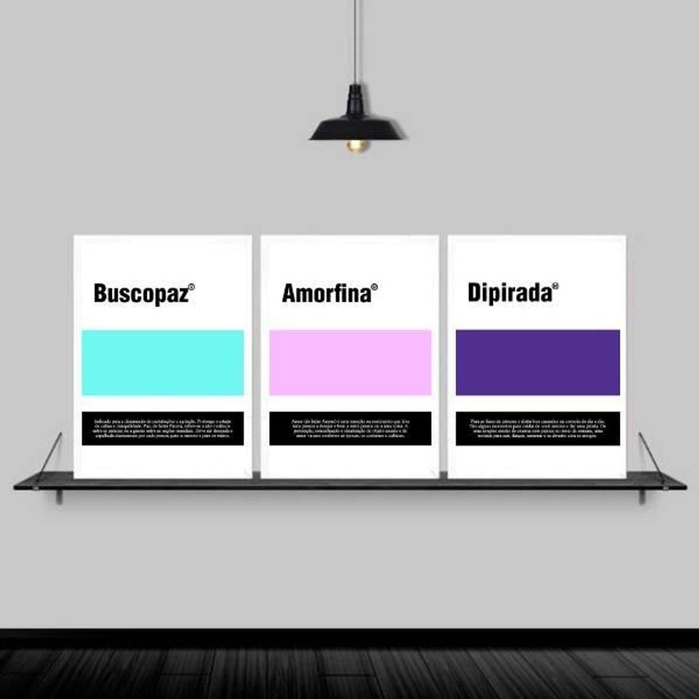 Kit 3 Quadros Rótulos Remédios Engraçados 33X24Cm Branca