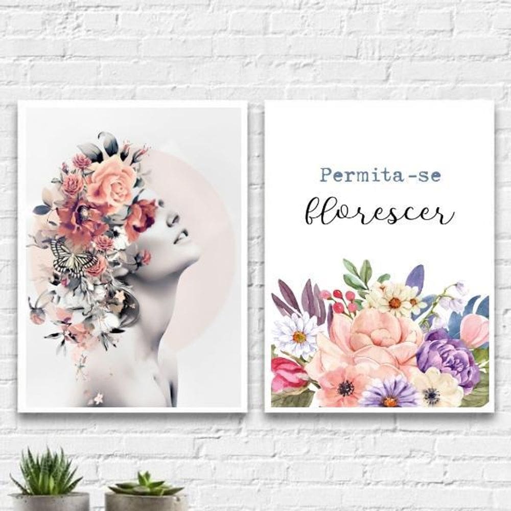 Kit 2 Quadros Mulher Permita-Se Florescer 45X34Cm - Vidro