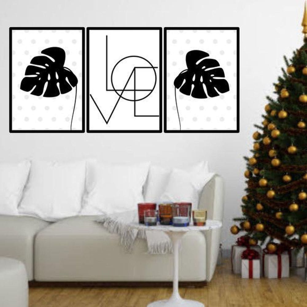 Kit 03 Quadros Decorativos Love Folhas Tropicais Pretas