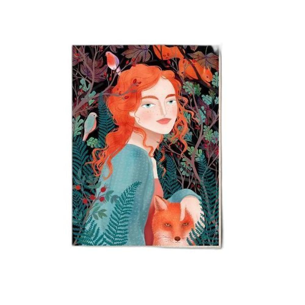 Quadro Menina com Raposa 45x34cm - Madeira Branca