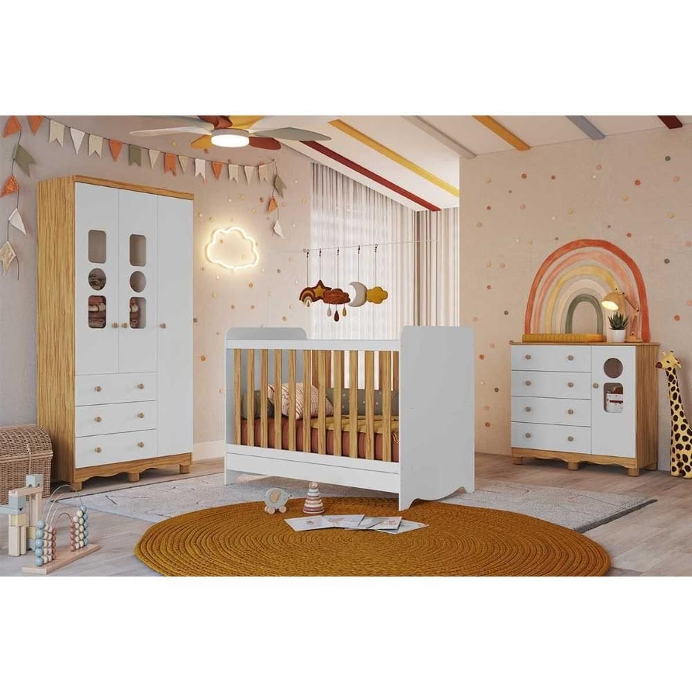 Quarto de Bebê Completo 3 Peças (1GuardaRoupa+1Berço+1Cômoda) QI124 Branco/Amendoa - Peroba