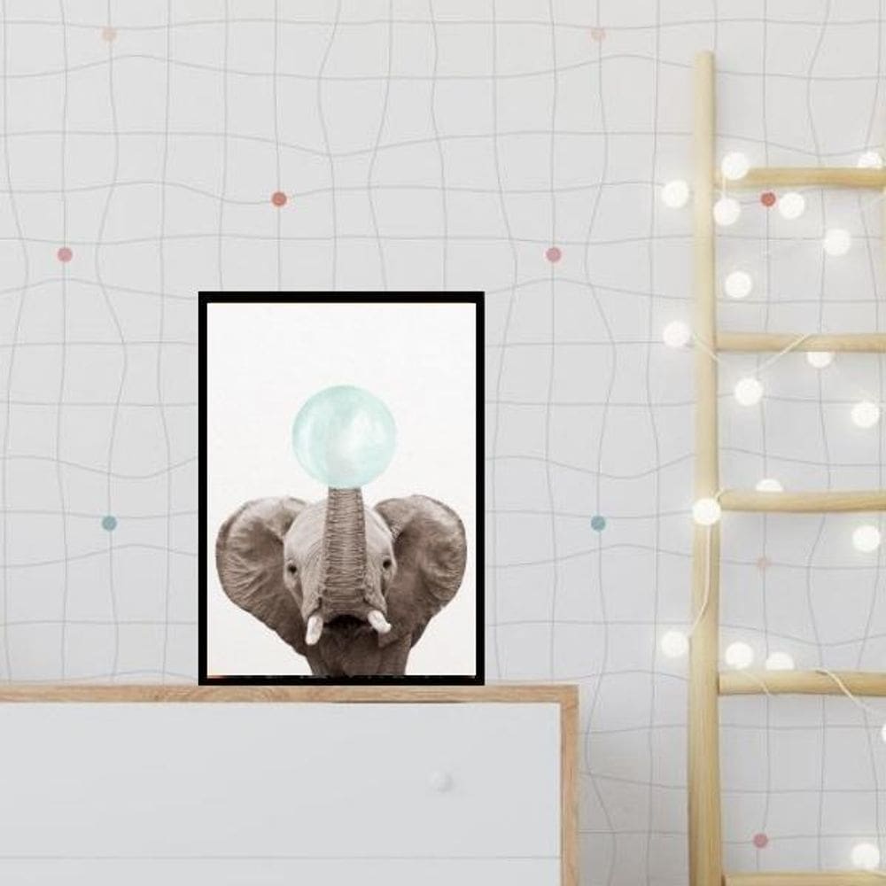 Quadro Elefantinho Chiclete Azul 33X24Cm - Com Vidro