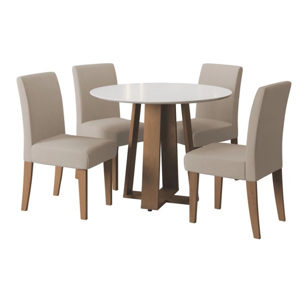 Conjunto de Mesa Sala de Jantar Athenas Redonda 1,03m 4 Cadeiras Trieste Cedro/Off White/Areia Dobuê