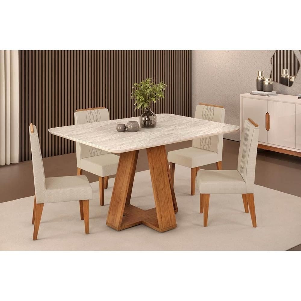 Conjunto: Mesa Sala Jantar Celeste c/ Tampo Madeirado c/ Vidro Curvo 120x90cm e 4 Cadeiras Lia Freijo/Off White - Linho Neve - DJ Móveis