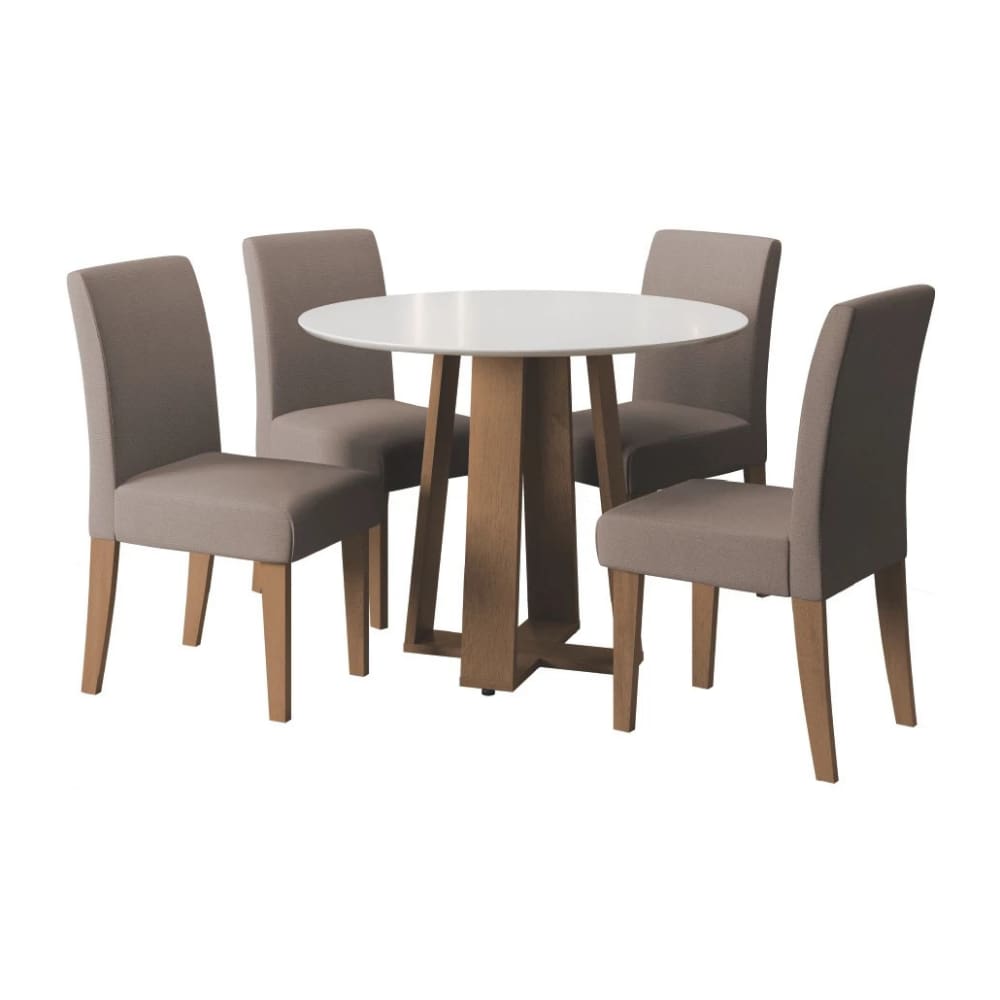 Conjunto de Mesa Sala de Jantar Athenas Redonda 1,03m 4 Cadeiras Trieste Cedro / Off White / Mascavo
