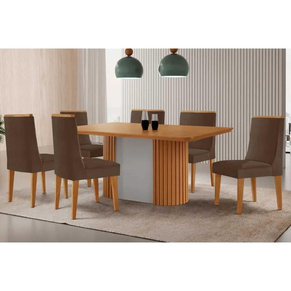 Conjunto: Mesa de Cozinha Pilar c/ Tampo Madeirado Canto Curvo 180x90cm e 6 Cadeiras Dakota Naturale/Off White - Suede Marrom - Rufato
