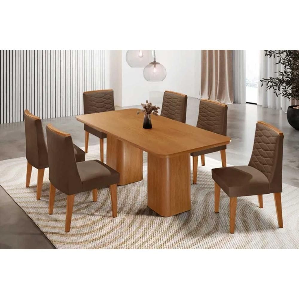 Conjunto: Mesa Sala Jantar Maldivas c/ Tampo Madeirado Canto Curvo 180x90cm e 6 Cadeiras Maldivas Naturale - Suede Marrom - Rufato