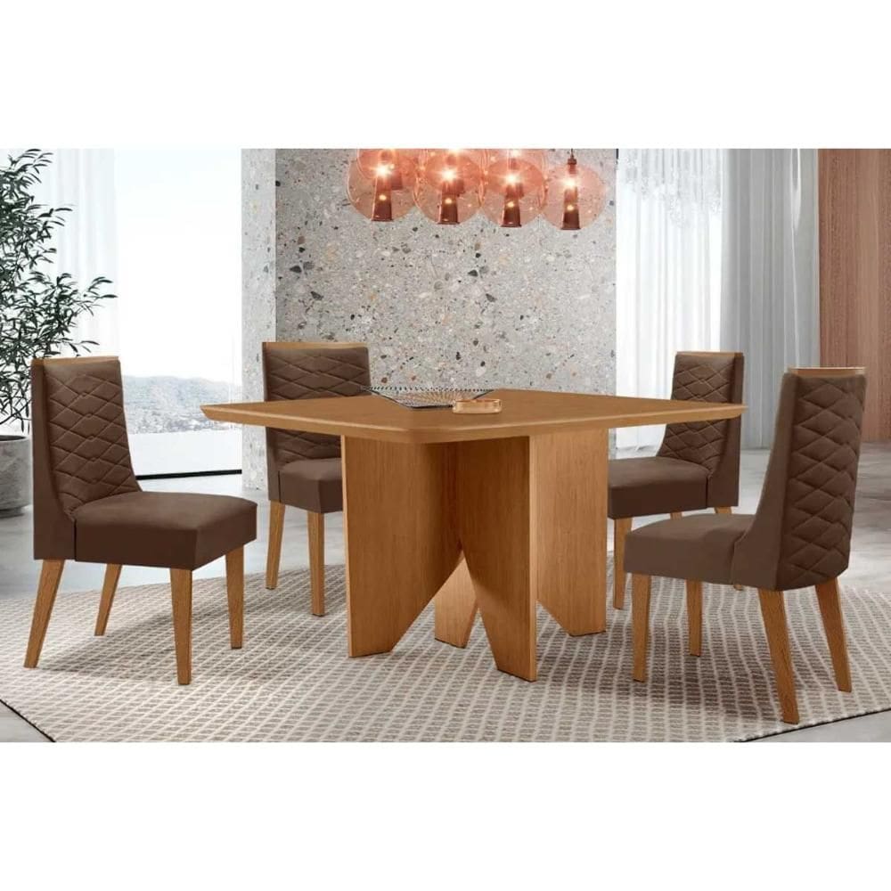 Conjunto: Mesa Sala Jantar Nevada c/ Tampo Madeirado Canto Curvo 90x90cm e 4 Cadeiras Dafne Naturale - Suede Marrom - Rufato