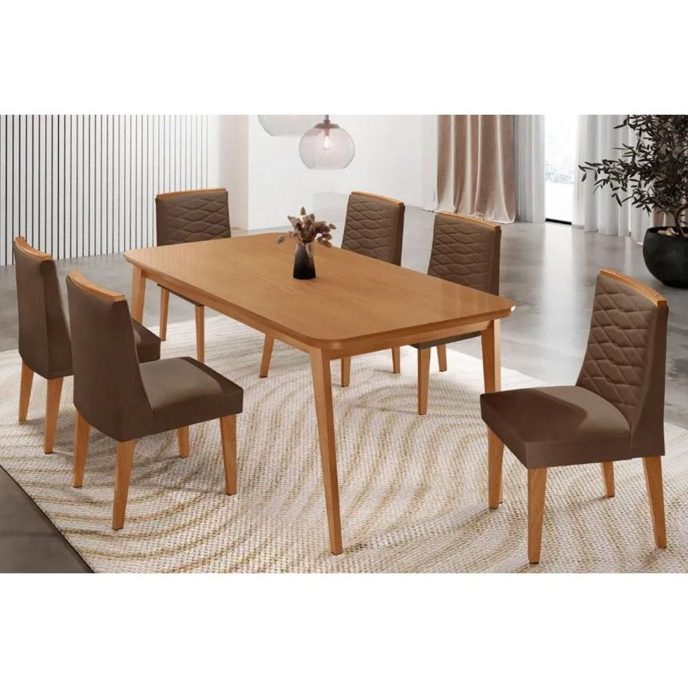 Conjunto: Mesa de Cozinha Havana Tampo Curvo 180cm+6 Cadeiras Maldivas Madeira Naturale - Capuccino/Suede Marrom - Rufato