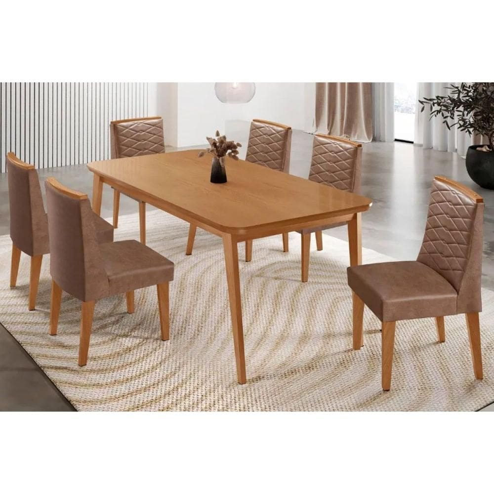 Conjunto: Mesa de Cozinha Havana Tampo Curvo 180cm+6 Cadeiras Maldivas Madeira Naturale - Capuccino/Corano Capuccino - Rufato
