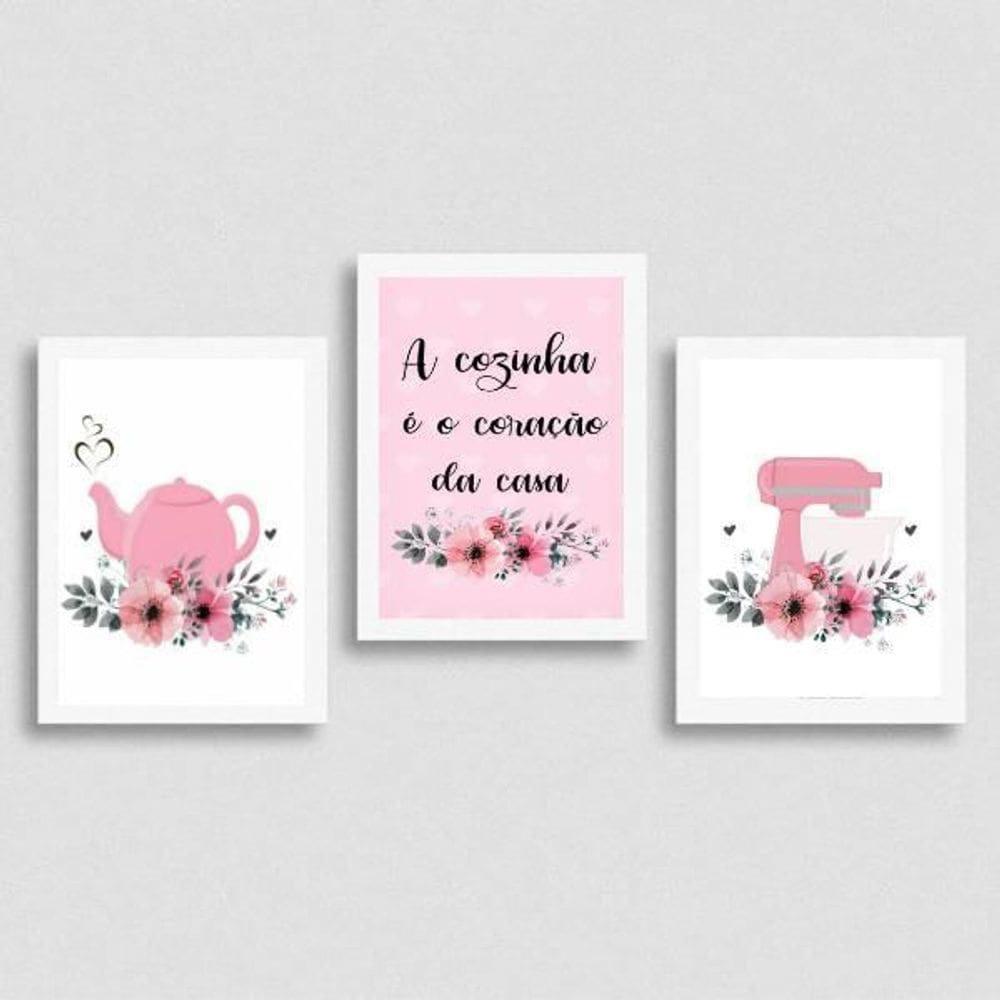 Kit 3 Quadros Cozinha Coração Da Casa Rosa 45X34Cm