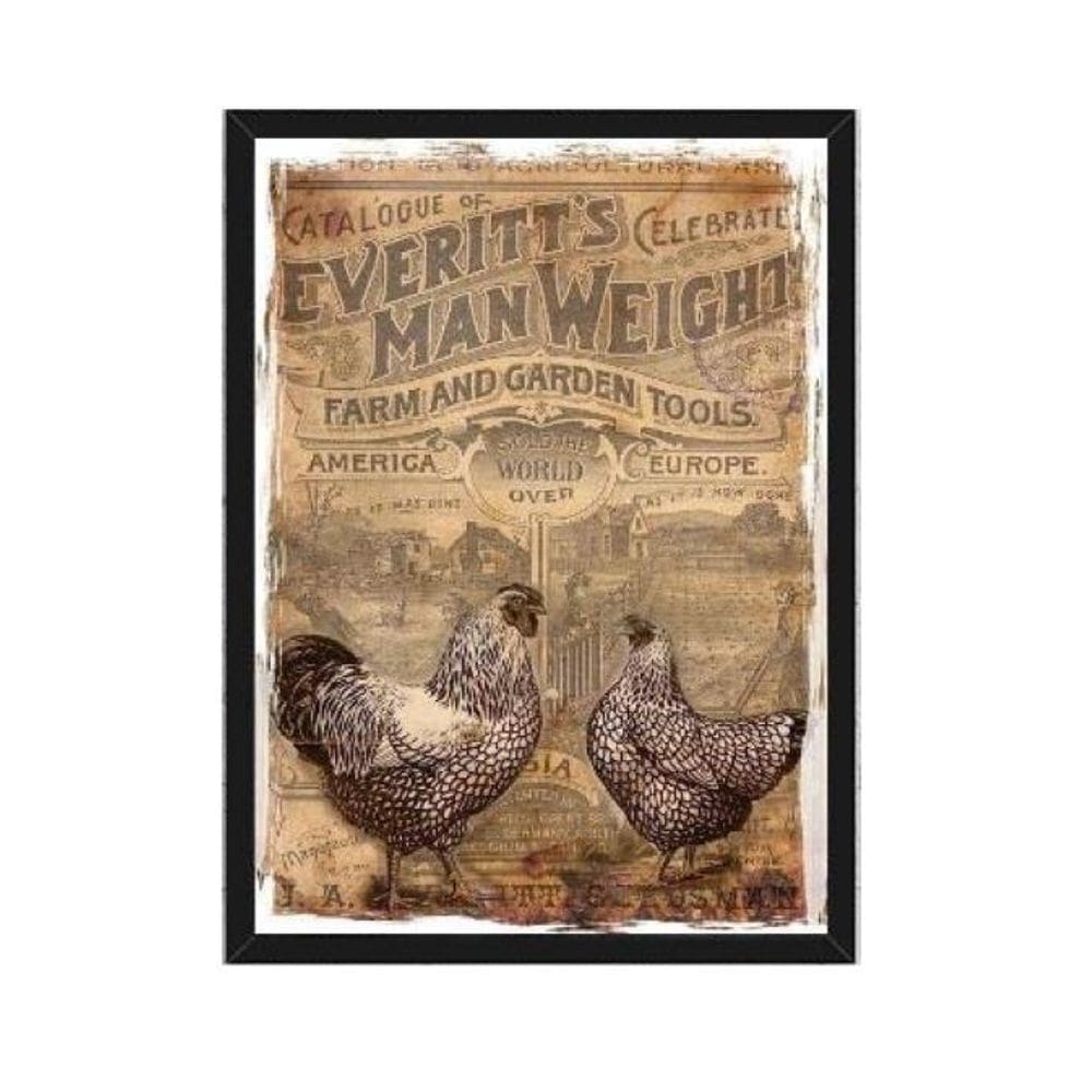 Quadro Vintage Galinhas Country 33X24Cm Madeira Preta