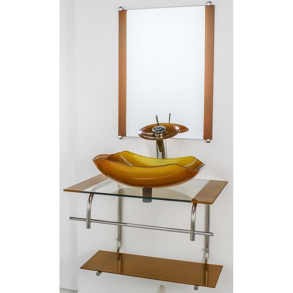 Gabinete De Vidro P/Banheiro Inox 70Cm Cuba Abaulada Dourado