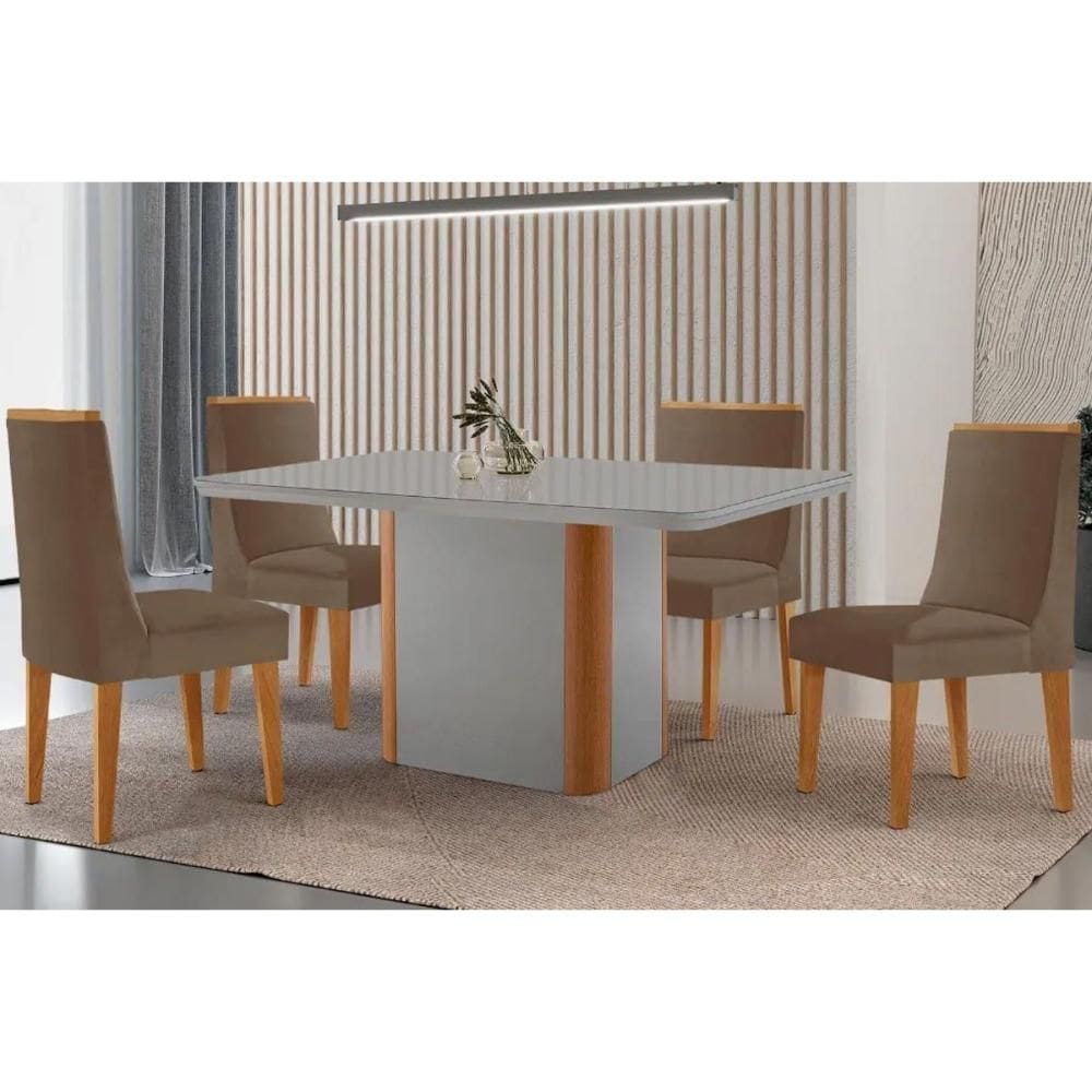 Conjunto: Mesa de Cozinha Pietá Tampo c/ Vidro Curvo 120cm+4 Cadeiras Dakota Madeira Naturale/Off White - Capuccino/Suede Capuccino - Rufato