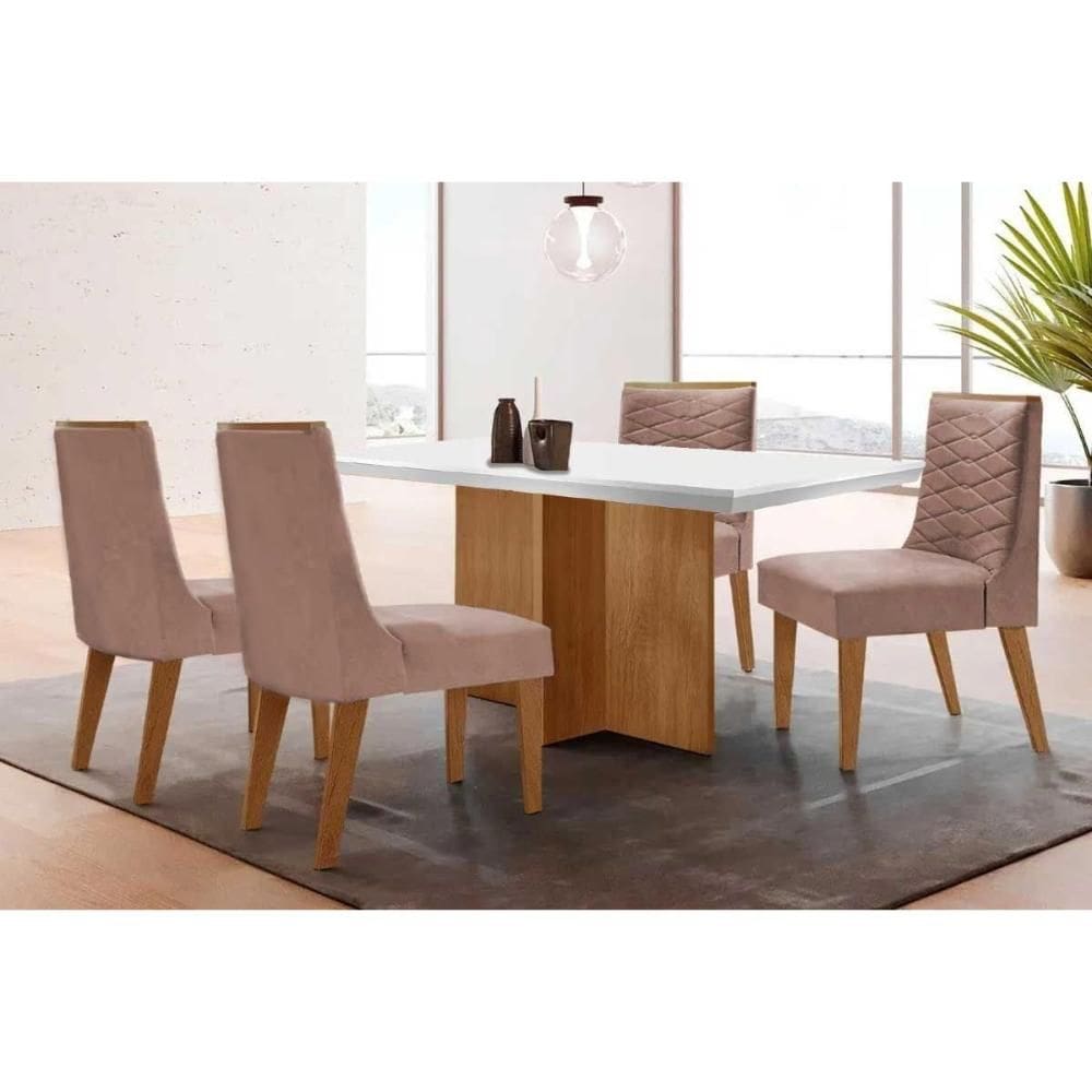 Conjunto: Mesa Sala Jantar Berlim Tampo c/ Vidro Curvo 90cm+4 Cadeiras Maldivas Madeira Naturale/Off White - Capuccino/Linho Capuccino - Rufato