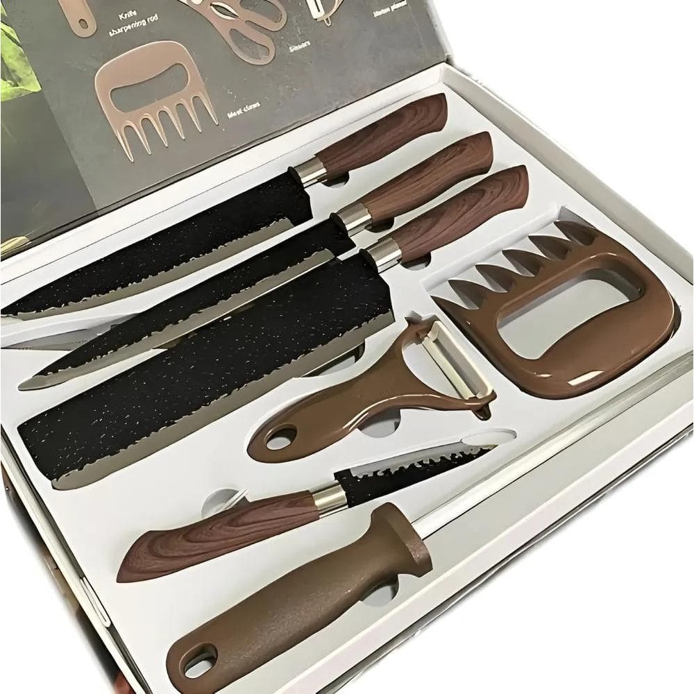 Kit 8 Facas Chef Churrasco Inox Afiada - Marrom