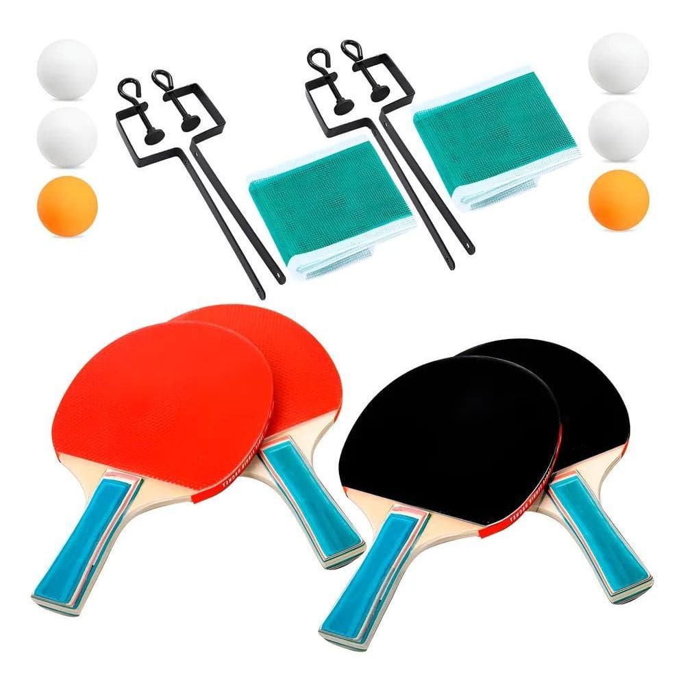 Kit Ping Pong 4 Raquetes 6 Bolinhas 2 Redes Com Preto/Vermel
