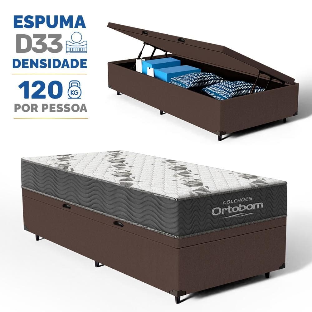 Cama Box Baú com Colchão Ortobom de Espuma D33 Airtech 100 Solteiro 78cm