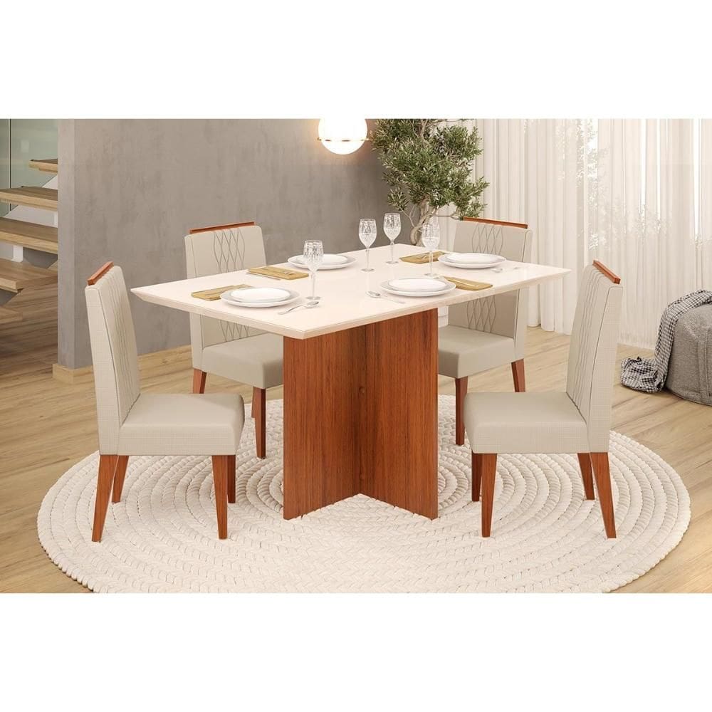 Conjunto: Mesa de Cozinha Hera c/ Tampo Madeirado c/ Vidro Reto 120x90cm e 4 Cadeiras Lia Freijo/Off White - Linho Neve - DJ Móveis
