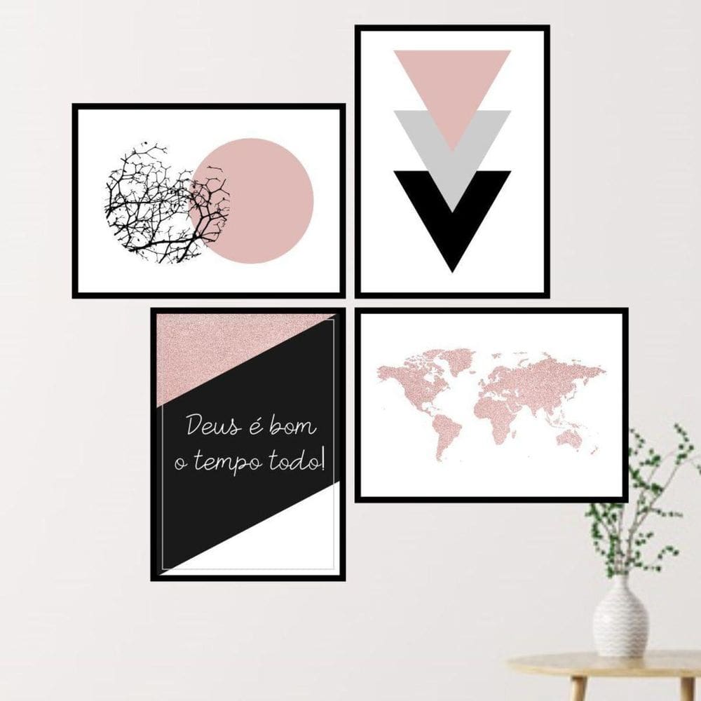 Kit 4 Quadros Geométricos Com Frase Deus 45X34Cm