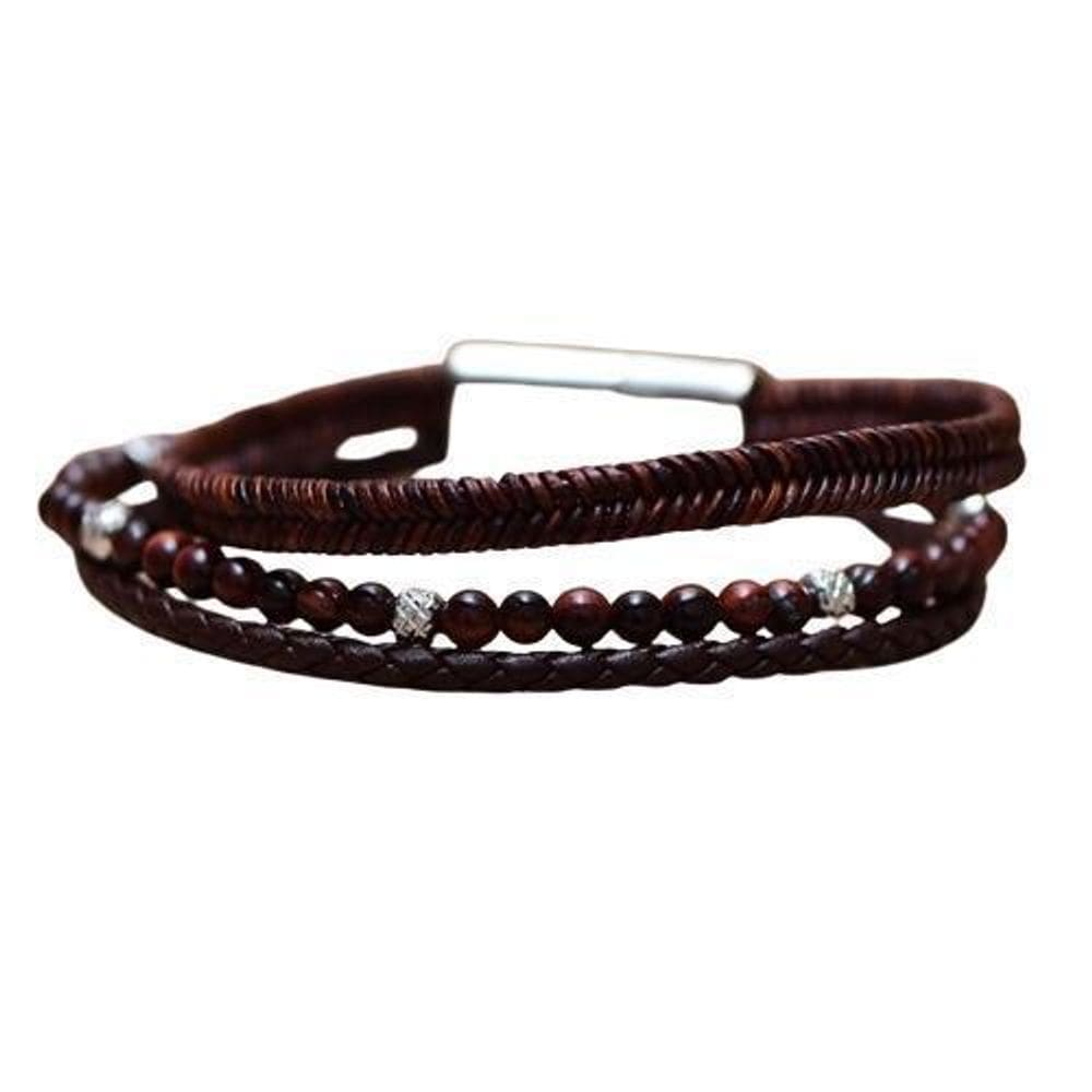 Bracelete Aço Couro Marrom Trançado Shamabla Olho De Tigre