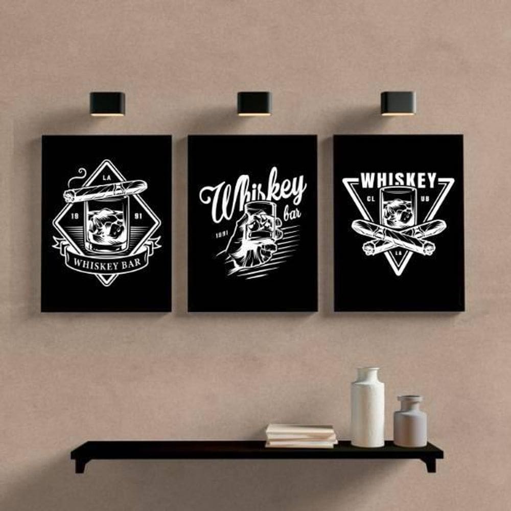 Kit 3 Quadros Whiskey 33X24Cm - Com Vidro - Madeira Preta