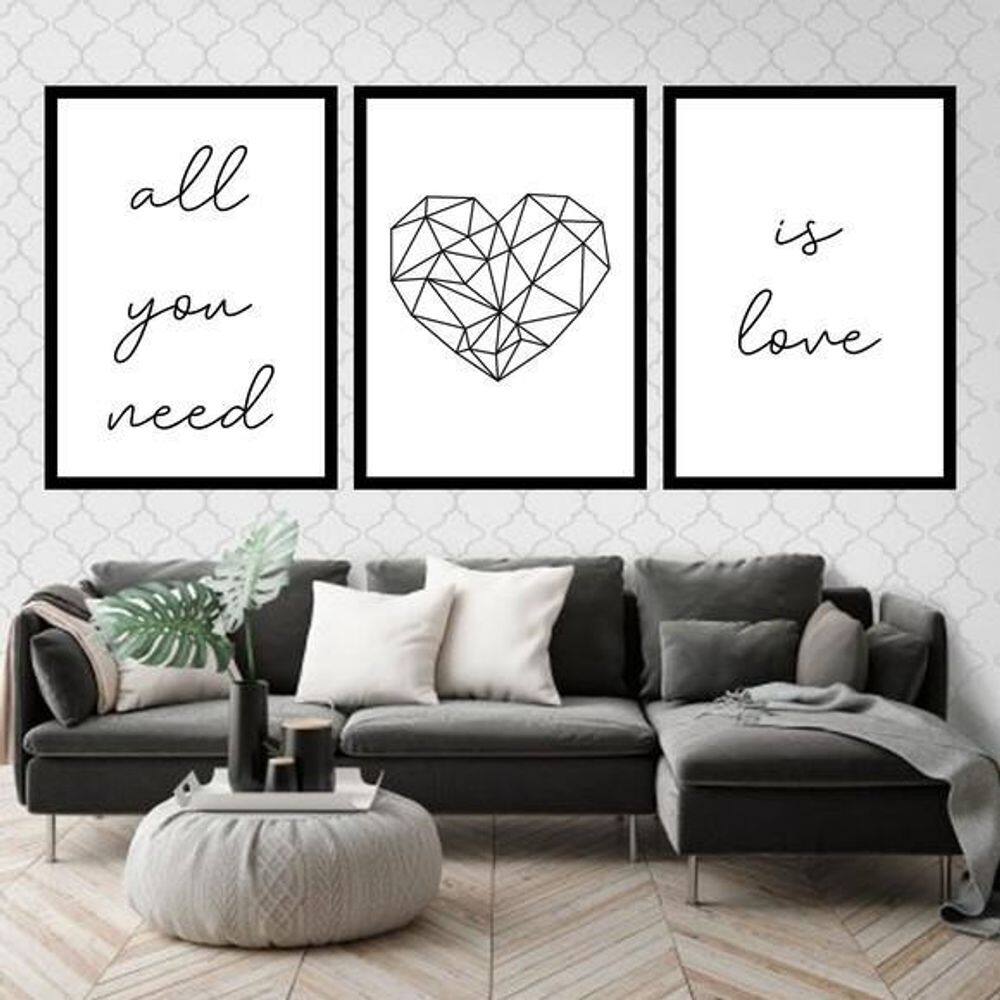 Kit 3 Quadros Decorativos All You Need Is Love Coração