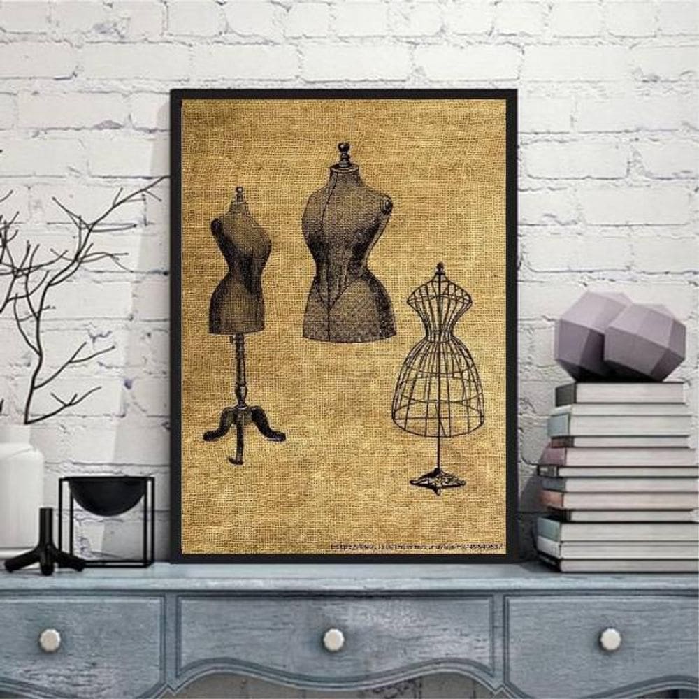 Quadro Modelos Manequim De Costura 33X24Cm Moldura Preta