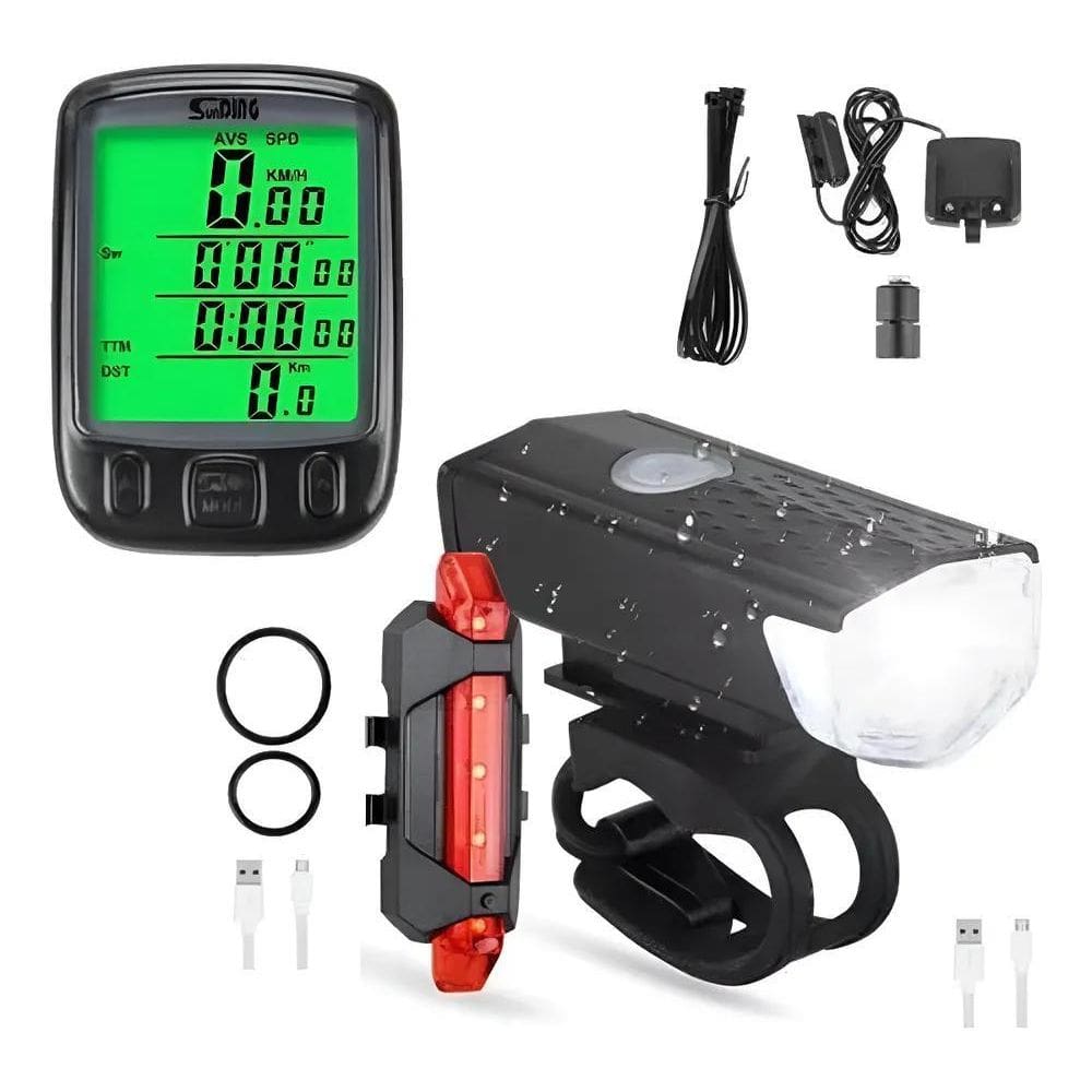 Farol Bike Lanterna Recarregável Led Usb Kit + Velocimetro