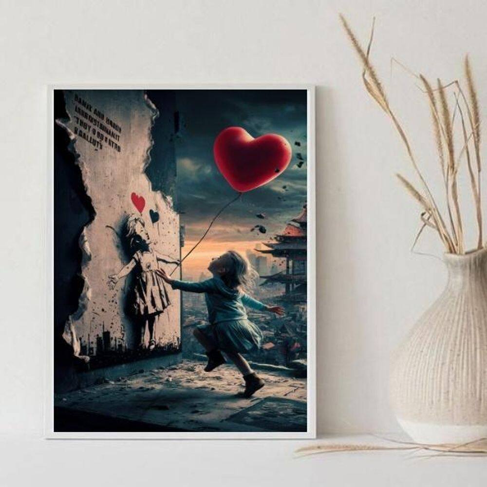 Quadro Arte Menina Balão Coração 24X18Cm