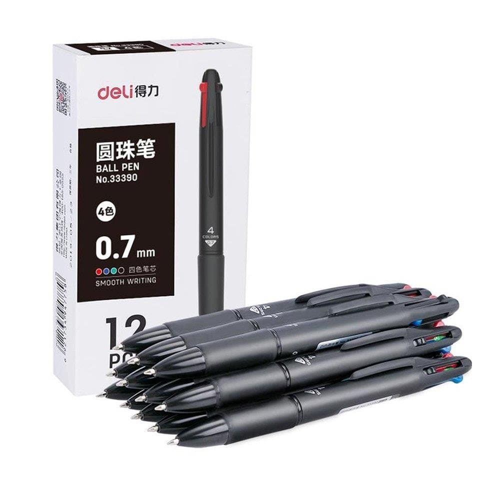 Caneta Deli 4 Cores com Grip Ponta Bullet 0,7mm - Embalagem com 12 Unidades