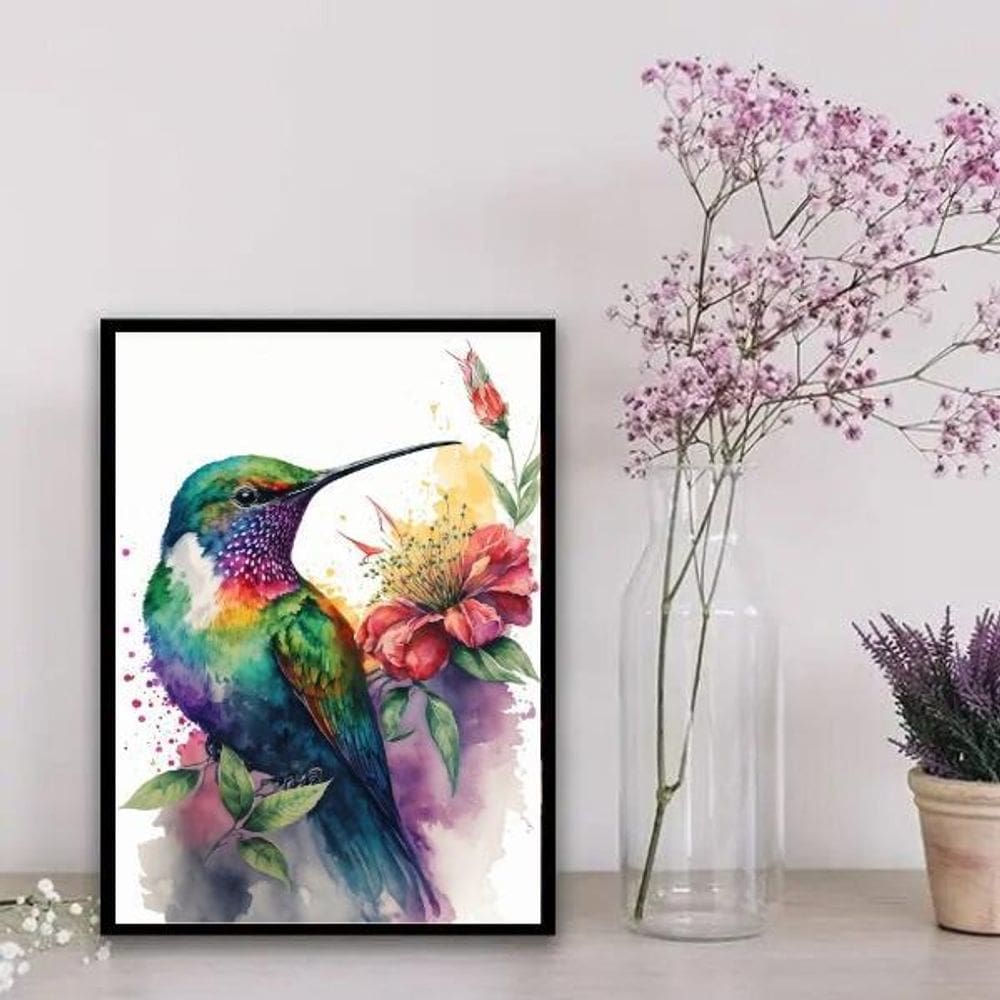 Quadro Beija-flor Aquarela 24x18cm - Moldura Madeira Branca