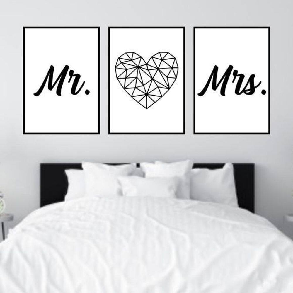 Kit Quadro Decorativo Mr And Mrs Coração 45x34cm 3 Peças