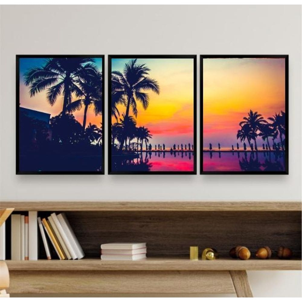 Kit 3 Quadros Praia Por do Sol 24x18cm - Preto