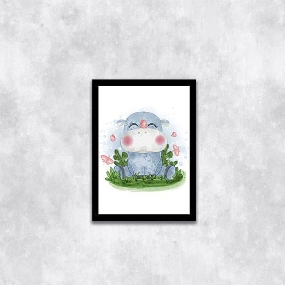 Quadro Infantil Estilo Aquarela Hipopótamo 33X24Cm Preta